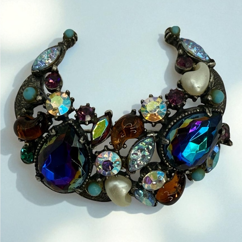 Vintage Florenza Blue Vitrail Rhinestone Crescent Brooch Signed Statement Pin